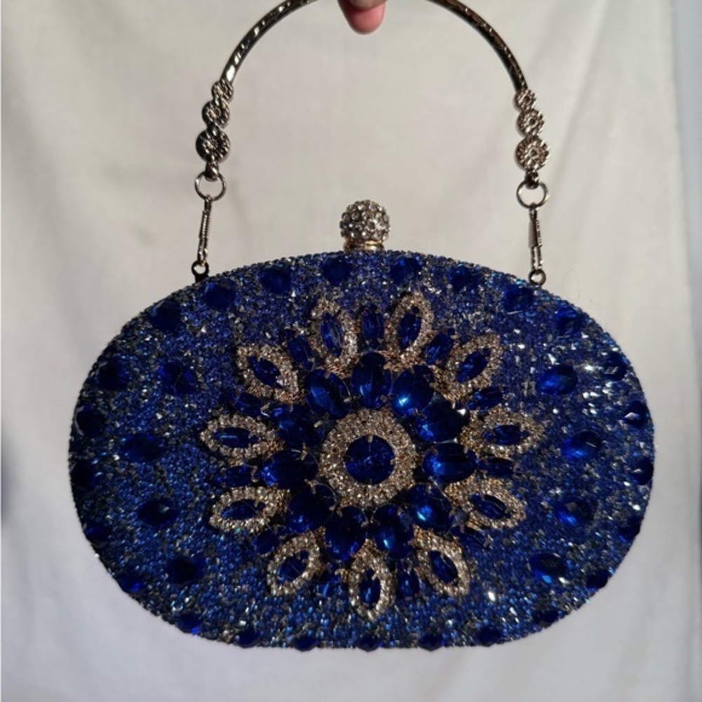 Blue Crystal Rhinestone Evening Clutch Bag with Gold Handle vintage